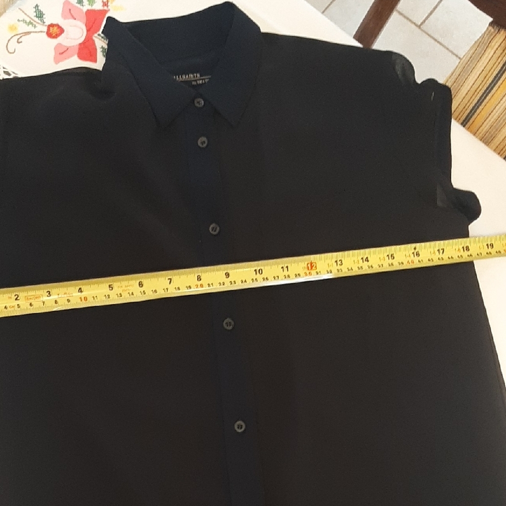 ALLSAINTS😇NAVY & Black PRETTY Lightweight FULL BUTTON Up SHEER SLEEVES High Low - Picture 12 of 13